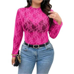 imageSHENHE Womens Plus Size Floral Lace Mesh Long Sleeve Sheer See Through Crop Top Sexy BlouseHot Pink