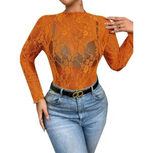 imageSHENHE Womens Plus Size Floral Lace Mesh Long Sleeve Sheer See Through Crop Top Sexy BlouseOrange