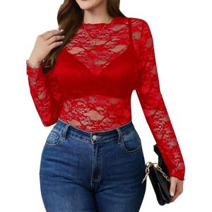 imageSHENHE Womens Plus Size Floral Lace Mesh Long Sleeve Sheer See Through Crop Top Sexy BlouseRed