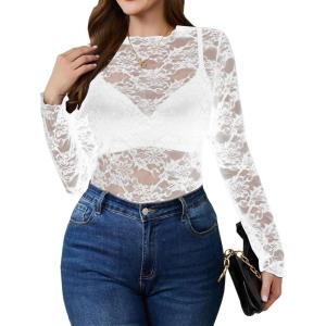imageSHENHE Womens Plus Size Floral Lace Mesh Long Sleeve Sheer See Through Crop Top Sexy BlouseWhite