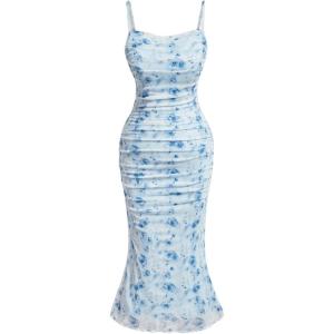 imageSHENHE Womens Plus Size Floral Spaghetti Strap Ruched Bodycon Dress Party Club DressBlue