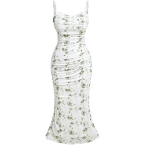 imageSHENHE Womens Plus Size Floral Spaghetti Strap Ruched Bodycon Dress Party Club DressGreen