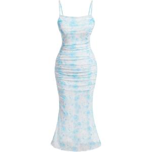 imageSHENHE Womens Plus Size Floral Spaghetti Strap Ruched Bodycon Dress Party Club DressLight Blue