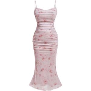 imageSHENHE Womens Plus Size Floral Spaghetti Strap Ruched Bodycon Dress Party Club DressMauve Purple