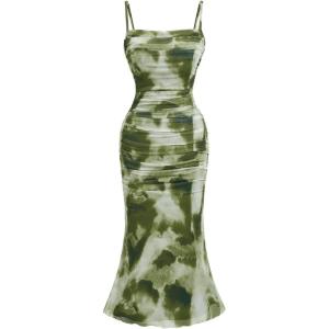 imageSHENHE Womens Plus Size Floral Spaghetti Strap Ruched Bodycon Dress Party Club DressOlive Green