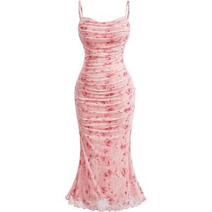 imageSHENHE Womens Plus Size Floral Spaghetti Strap Ruched Bodycon Dress Party Club DressPink