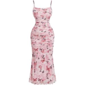 imageSHENHE Womens Plus Size Floral Spaghetti Strap Ruched Bodycon Dress Party Club DressPink a