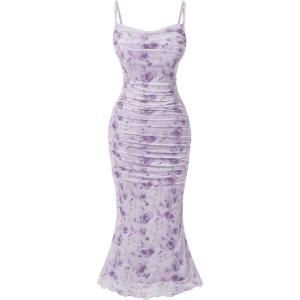 imageSHENHE Womens Plus Size Floral Spaghetti Strap Ruched Bodycon Dress Party Club DressPurple