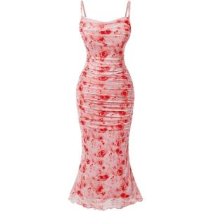 imageSHENHE Womens Plus Size Floral Spaghetti Strap Ruched Bodycon Dress Party Club DressRed