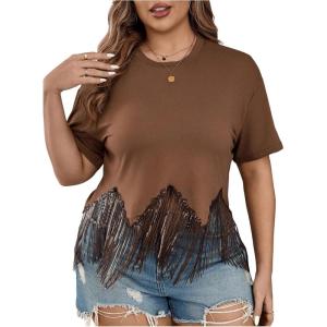 imageSHENHE Womens Plus Size Fringe Top Sequin Tassel Western Top Short Sleeve Cropped Going Out TshirtBrown