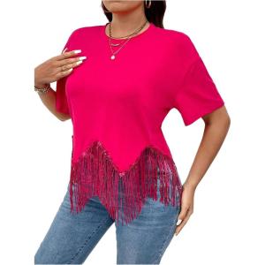 imageSHENHE Womens Plus Size Fringe Top Sequin Tassel Western Top Short Sleeve Cropped Going Out TshirtHot Pink