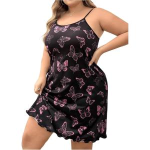 imageSHENHE Womens Plus Size Heart Print Nightgowns Spaghetti Strap Cami Slip NightdressButterfly Black