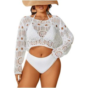 imageSHENHE Womens Plus Size Hollow Out Sheer Boat Neck Long Sleeve Loose Beach Crop Cover Up
