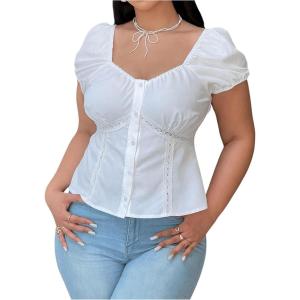 imageSHENHE Womens Plus Size Lace Babydoll Top Puff Sleeve Button Up Sweetheart Neck Cute Peplum Blouse TopWhite
