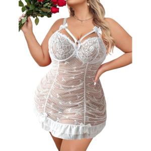 imageSHENHE Womens Plus Size Lace Trim Babydolls Ruched Sleepwear Underwire Low Rise Bow LingerieWhite