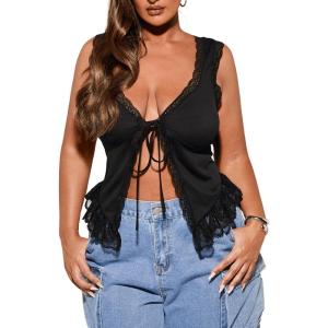 imageSHENHE Womens Plus Size Lace Trim V Neck Tops Split Tie Front Sleeveless Tank TopBlack