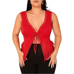 imageSHENHE Womens Plus Size Lace Trim V Neck Tops Split Tie Front Sleeveless Tank TopRed