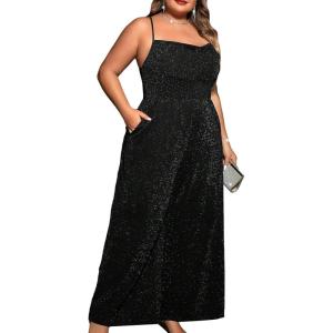imageSHENHE Womens Plus Size Rhinestones Wide Leg Criss Cross Glitter Party Night Cami JumpsuitBlack