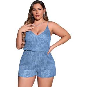 imageSHENHE Womens Plus Size Sequin V Neck Sleeveless Spaghetti Strap Cami Romper JumpsuitsBlue