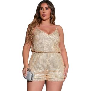 imageSHENHE Womens Plus Size Sequin V Neck Sleeveless Spaghetti Strap Cami Romper JumpsuitsGold