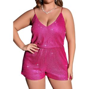 imageSHENHE Womens Plus Size Sequin V Neck Sleeveless Spaghetti Strap Cami Romper JumpsuitsPink