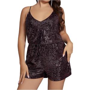 imageSHENHE Womens Plus Size Sequin V Neck Sleeveless Spaghetti Strap Cami Romper JumpsuitsPurple