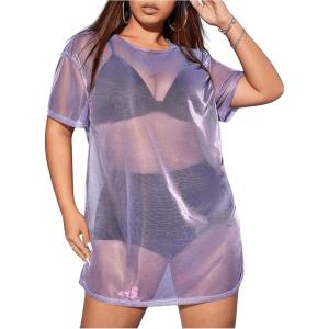 imageSHENHE Womens Plus Size Sexy See Through Mesh Short Sleeve Party Night Loose Tshirt DressMauve Purple