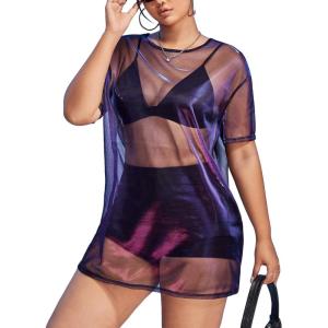 imageSHENHE Womens Plus Size Sexy See Through Mesh Short Sleeve Party Night Loose Tshirt DressPurple