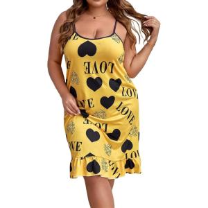 imageSHENHE Womens Plus Size Sleeveless Ruffle Hem Nightgown Pajama Dress with Eye MaskYellow