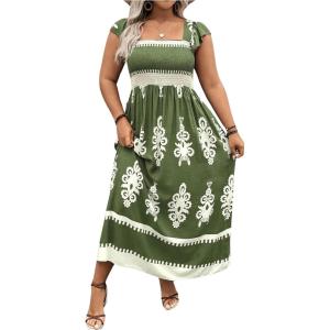 imageSHENHE Womens Plus Size Square Neck Tie Back Smocked Flutter Sleeve Flowy Maxi Boho DressArmy Green