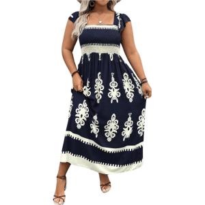 imageSHENHE Womens Plus Size Square Neck Tie Back Smocked Flutter Sleeve Flowy Maxi Boho DressDeep Blue