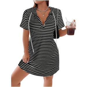 imageSHENHE Womens Plus Size Striped Drawstring Casual Short Sleeve Knee Length Hoodie DressBlack