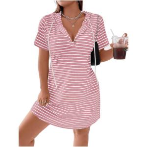 imageSHENHE Womens Plus Size Striped Drawstring Casual Short Sleeve Knee Length Hoodie DressPink