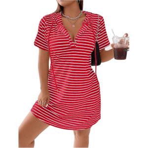 imageSHENHE Womens Plus Size Striped Drawstring Casual Short Sleeve Knee Length Hoodie DressRed