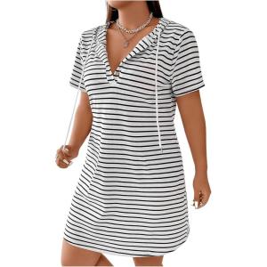 imageSHENHE Womens Plus Size Striped Drawstring Casual Short Sleeve Knee Length Hoodie DressWhite