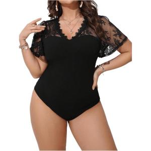 imageSHENHE Womens Plus Size V Neck Lace Flutter Short Sleeve Elegant Slim Blouse BodysuitBlack