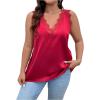 imageSHENHE Womens Plus Size Lace Trim V Neck Sleeveless Satin Loose Tank Elegant Top ShirtBurgundy
