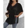 imageSHENHE Womens Plus Size Sheer Mesh V Neck Half Sleeve Drop Shoulder Split Hem Tee TopBlack