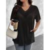 imageSHENHE Womens Plus Size Sheer Mesh V Neck Half Sleeve Drop Shoulder Split Hem Tee TopBlack