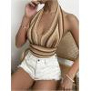 imageSHENHE Womens Striped Halter Tie Back Sleeveless Backless Knitted Crop TopKhaki Brown