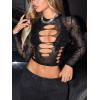 imageSHENHE Womens Y2K Long Sleeve Mesh Crop Top Floral Lace See Through Sheer Cutout Rave TopBlack