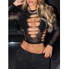 imageSHENHE Womens Y2K Long Sleeve Mesh Crop Top Floral Lace See Through Sheer Cutout Rave TopBlack