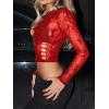 imageSHENHE Womens Y2K Long Sleeve Mesh Crop Top Floral Lace See Through Sheer Cutout Rave TopRed