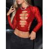 imageSHENHE Womens Y2K Long Sleeve Mesh Crop Top Floral Lace See Through Sheer Cutout Rave TopRed