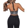 imageSHENHE Womens Y2k Denim Crop Top Deep V Zip Up Belted Halter Top Sexy Backless Asymmetrical Jean CorsetBlack