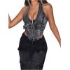 imageSHENHE Womens Y2k Denim Crop Top Deep V Zip Up Belted Halter Top Sexy Backless Asymmetrical Jean CorsetBlack