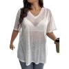 imageSHENHE Womens Plus Size Sheer Mesh V Neck Half Sleeve Drop Shoulder Split Hem Tee TopWhite