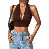 imageSHENHE Womens Striped Halter Tie Back Sleeveless Backless Knitted Crop TopPlain Chocolate Brown