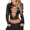 imageSHENHE Womens Y2K Long Sleeve Mesh Crop Top Floral Lace See Through Sheer Cutout Rave TopBlack