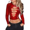 imageSHENHE Womens Y2K Long Sleeve Mesh Crop Top Floral Lace See Through Sheer Cutout Rave TopRed